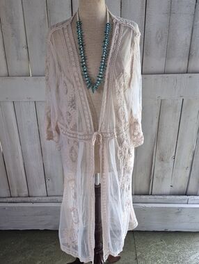 Sheer Embroidered Lace Duster in Soft Cream